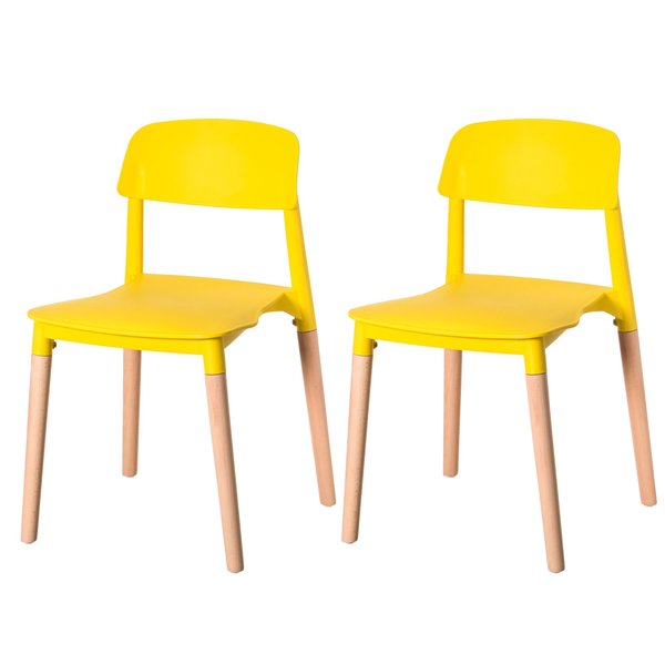 Fabulaxe Modern Plastic Dining Chair Open Back with Beech Wood Legs, Yellow, PK 2 QI004222.YL.2